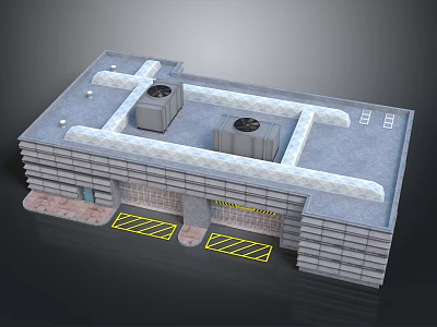 Cartoon Scene Of Gray Multi Story Building With Roof Equipment And Yellow Grid Entrance Area 3d model