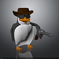 3D Penguin Character Wearing Brown Cowboy Hat Sunglasses Holding Revolver