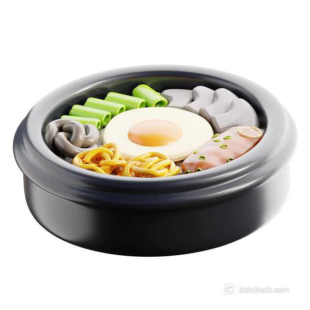 Delicious Bowl of Noodles with Fried Egg Mushrooms Sausage and Green Vegetables 3d model 