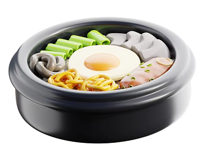 Delicious Bowl of Noodles with Fried Egg Mushrooms Sausage and Green Vegetables 3d model