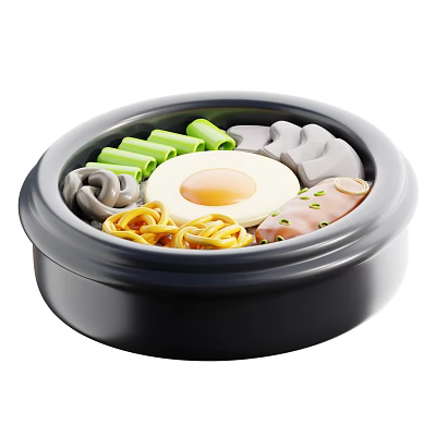Delicious Bowl of Noodles with Fried Egg Mushrooms Sausage and Green Vegetables 3d model