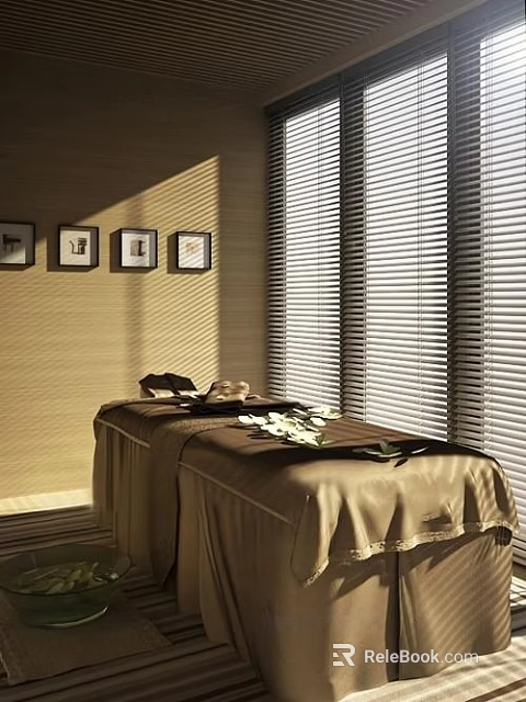 Comfortable Massage Bed With Brown Linen Cover Soft Natural Light And Vertical Blinds 3d model 