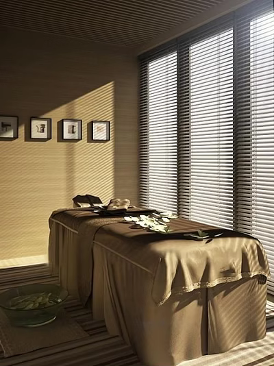 Comfortable Massage Bed With Brown Linen Cover Soft Natural Light And Vertical Blinds 3d model