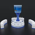 Modern Exhibition Island Design With Blue White Column Structure And Curved Elements 3d model