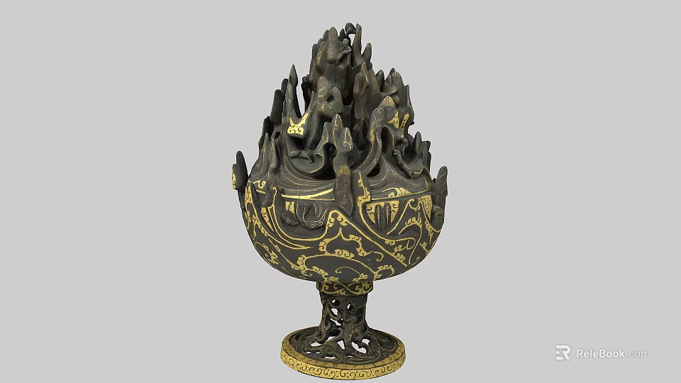 Ancient Chinese Bronze Incense Burner With Intricate Dragon Patterns Ornate Base And Mountain Shaped Top 3d model 