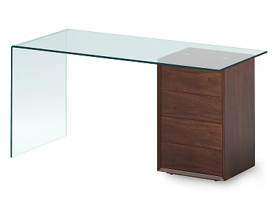 Modern Glass Top Desk With Wooden Drawer Cabinet And Sleek Design 3d model
