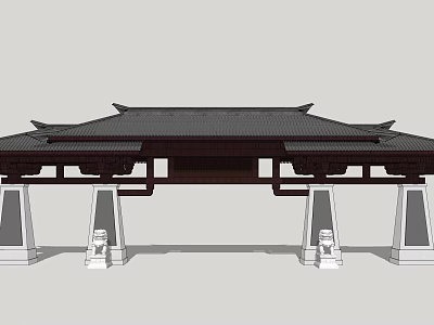 Traditional Chinese Style Gate With Classic Roof Overhanging Eaves And Stone Lions 3d model