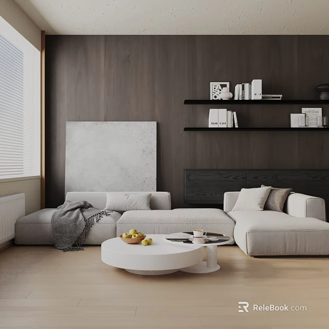 Modern White Three-Seater Sofa Interior With Wooden Wall Shelves Coffee Table Pillows And Throw Blanket 3d model 
