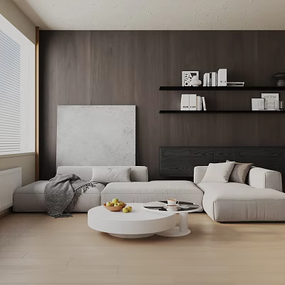 Modern White Three-Seater Sofa Interior With Wooden Wall Shelves Coffee Table Pillows And Throw Blanket 3d model