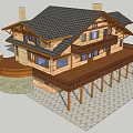Two Story Wooden Detached Villa With Balcony And Grassland Near Mountains