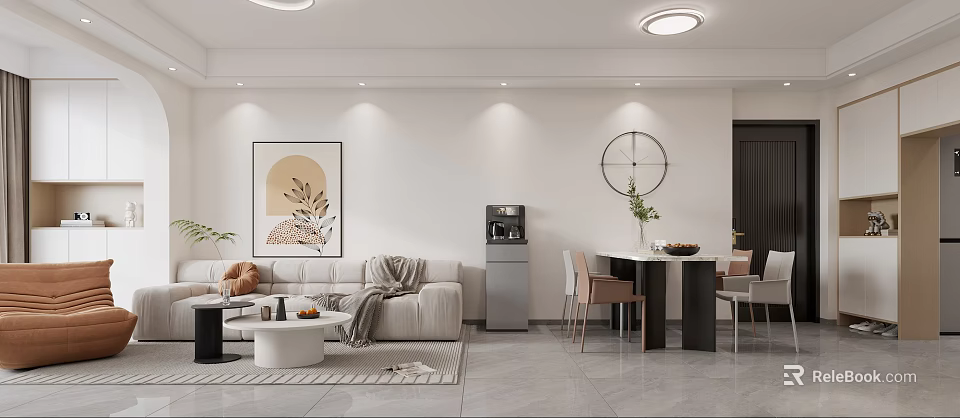 Spacious Living Dining Room Interior With Beige Sofa Round Coffee Table And Dining Set 3d model