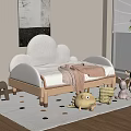 Cozy Kids Cloud Shaped Wooden Frame Bed with Stuffed Toys on Dot Rug Near Window Plant