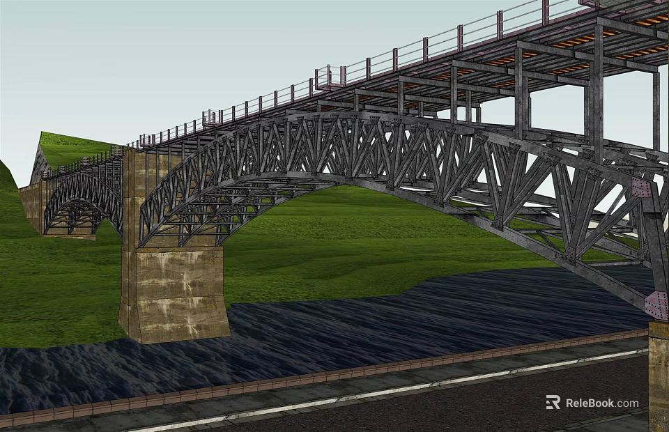Steel Arch Bridge With Metal Frame Structure Over Green Grass Beside Road 3d model 
