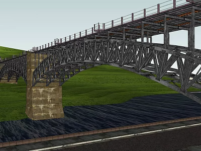 Steel Arch Bridge With Metal Frame Structure Over Green Grass Beside Road 3d model