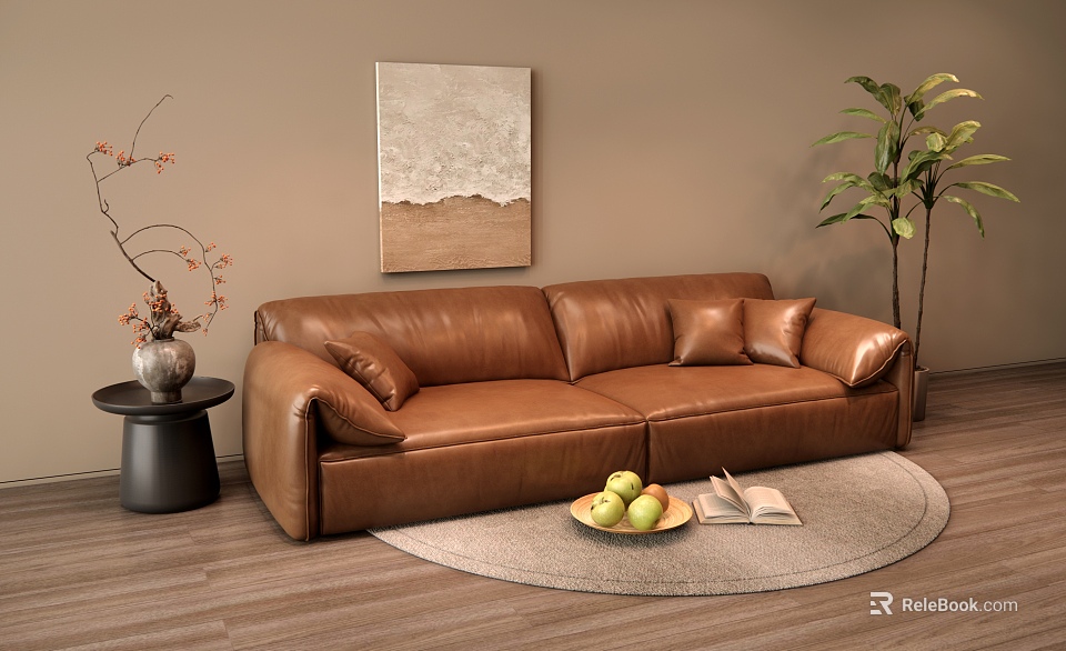 Cozy Living Room With Brown Leather Two Seater Sofa Wall Painting Potted Plant And Rug 3d model 