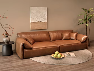 Double sofa leather double sofa side table plant potted hanging picture round carpet 3d model