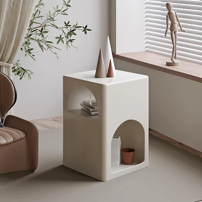 Modern Minimalist White Side Table With Circular Cutouts Decorative Cones Books And Small Potted Plant 3d model
