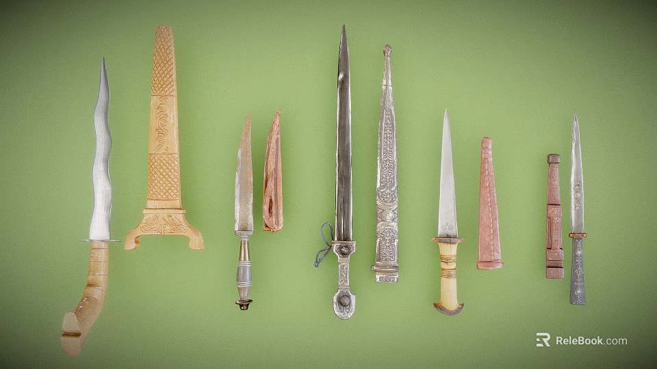 Various Decorative Knives with Diverse Blades and Handles on Green Background 3d model 