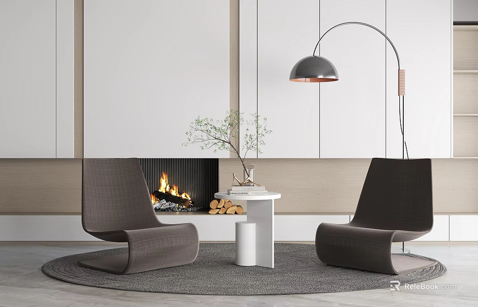Modern Living Room Chair And Table Set With Fireplace Fire Wood Logs And Floor Lamp 3d model 