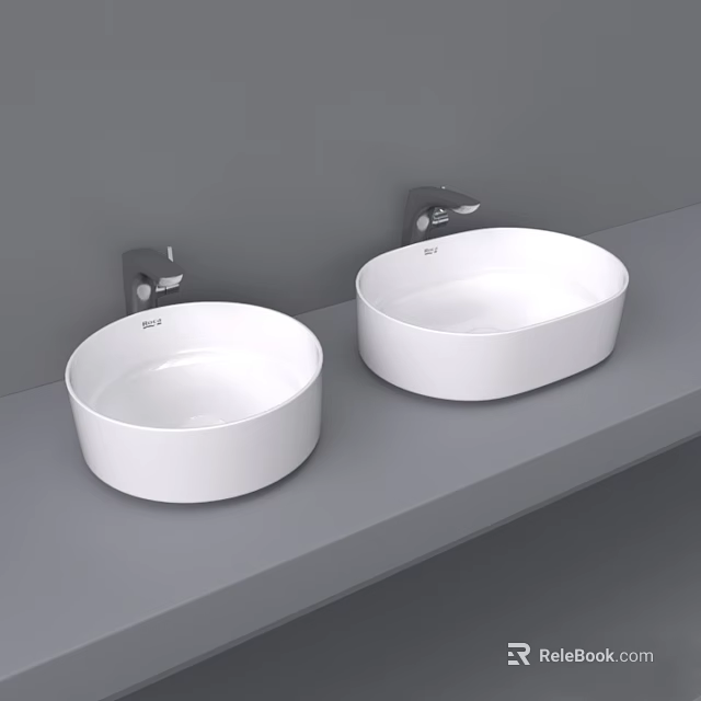 Modern Minimalist Washbasins Mounted On Gray Countertop With Silver Faucets In Bathroom 3d model 
