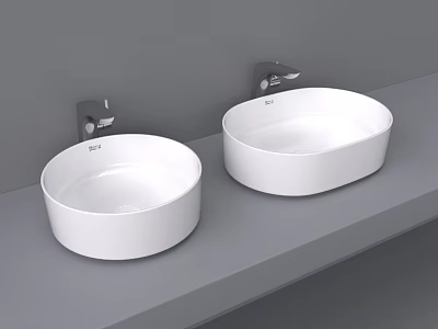 Modern Minimalist Washbasins Mounted On Gray Countertop With Silver Faucets In Bathroom 3d model