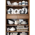 Wooden Sideboard With Glass Doors And Storage Shelves For Dishes And Bowls