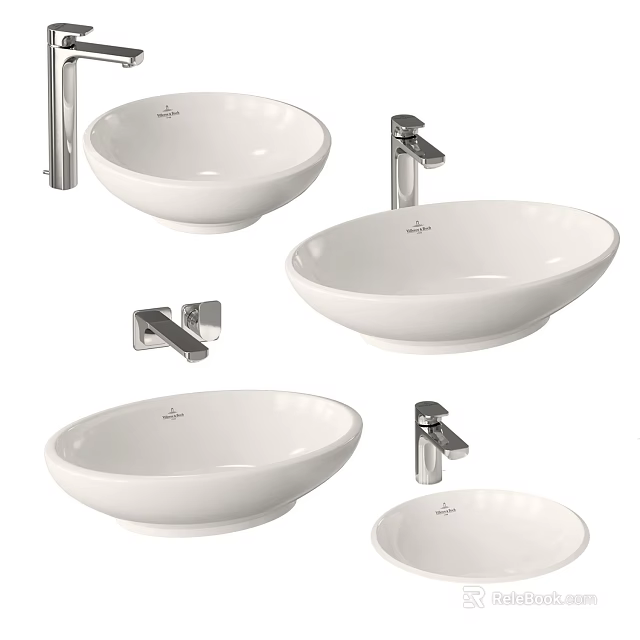Multiple Modern White Ceramic Washbasin Designs With Basin Faucets For Bathroom 3d model