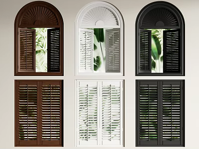 Arch and Rectangle Blinds in Brown White Black Colors with Green Leaf Background 3d model