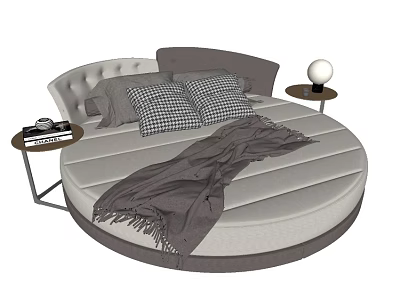 Round Modern Double Bed With Tufted Headboard Plaid Pillows Gray Blanket Bedside Lamp And Books 3d model