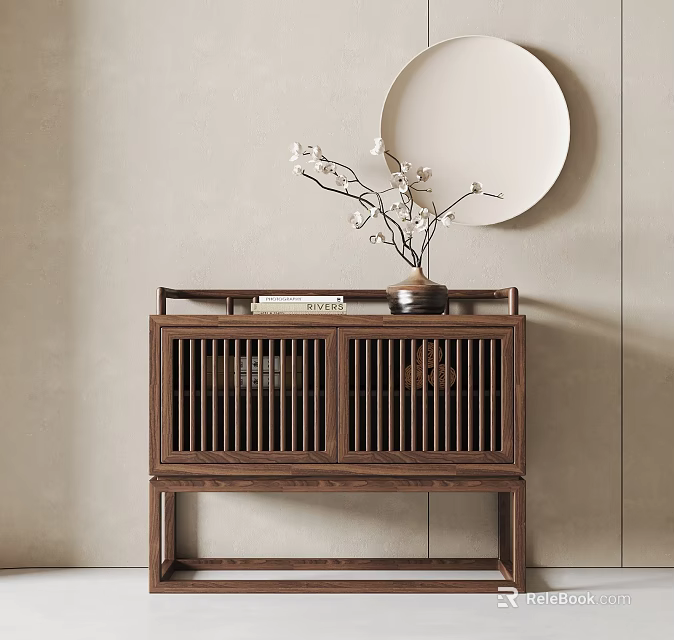 Minimalist Modern Wooden Entryway Cabinet With Slatted Doors Vase Flowers And Round Mirror 3d model 