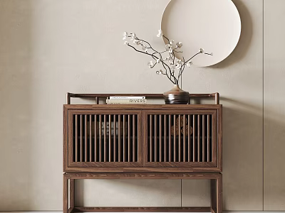 Minimalist Modern Wooden Entryway Cabinet With Slatted Doors Vase Flowers And Round Mirror 3d model