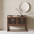 Minimalist Modern Wooden Entryway Cabinet With Slatted Doors Vase Flowers And Round Mirror