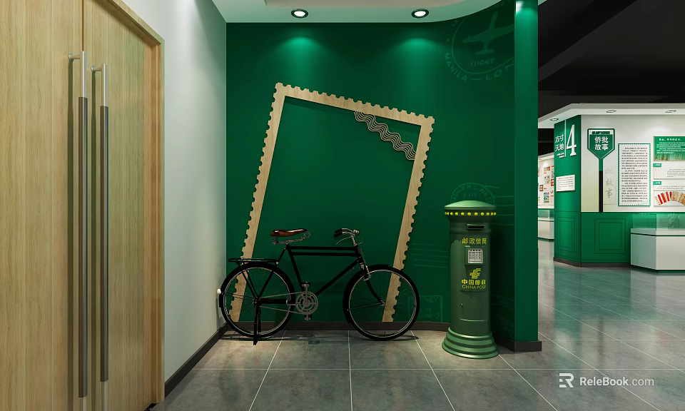 Green Wall Interior With Stamp Shaped Frame Vintage Bicycle And Postbox 3d model 