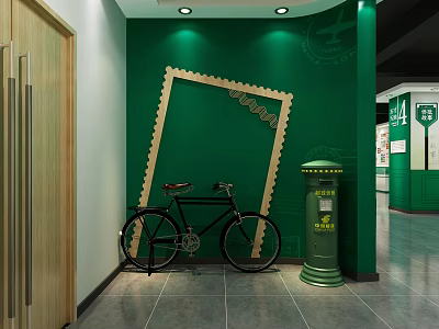 Green Wall Interior With Stamp Shaped Frame Vintage Bicycle And Postbox 3d model