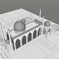 Ancient Mosque Architecture Exterior View with Domes Minarets Arched Windows and Trees 3d model