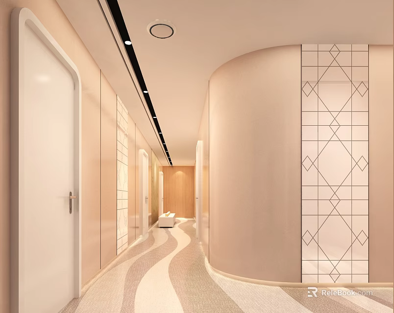 Modern Elevator Corridor Design With Geometric Wall And Curved Flooring 3d model