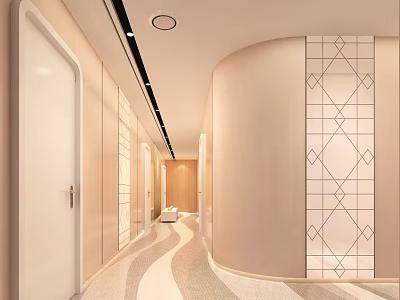 Modern Elevator Corridor Design With Geometric Wall And Curved Flooring 3d model