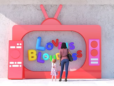 Red TV Shaped Photo Spot With Colorful Loves Blooms Letters And Mother Daughter Taking 3d model