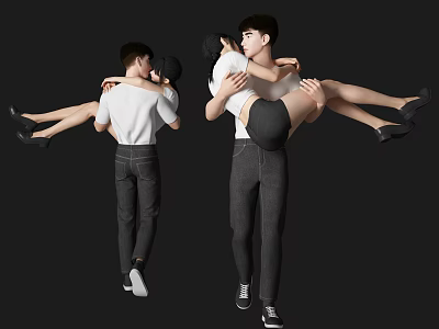 Young Couple Piggyback And Princess Carry Poses With Male Female In White Shirt Black Pants 3d model