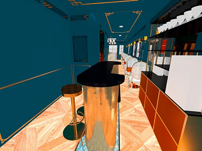 Restaurant Interior Featuring Teal Walls Golden Trim Wooden Flooring Bar Counter And Chairs 3d model