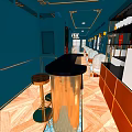 Restaurant Interior Featuring Teal Walls Golden Trim Wooden Flooring Bar Counter And Chairs
