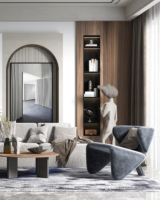 Modern Living Room Interior Design With Arch Painting Sofa Wooden Bookshelf And Art Sculpture 3d model 
