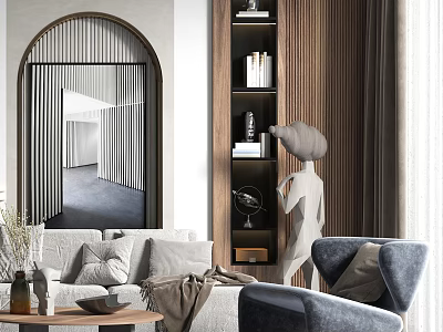 Modern Living Room Interior Design With Arch Painting Sofa Wooden Bookshelf And Art Sculpture 3d model