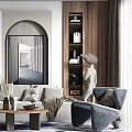 Modern Living Room Interior Design With Arch Painting Sofa Wooden Bookshelf And Art Sculpture