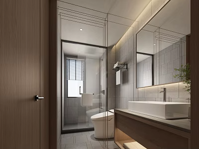 Modern Bathroom Interior With Glass Shower Enclosure Toilet Wooden Vanity And Gray Tiles 3d model