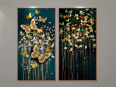 Elegant Decorative Wall Art With Golden Butterflies Stems On Green Black Backgrounds 3d model