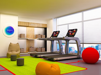 Modern Leisure Area With Treadmills Bean Bags Green Carpet And Red Exercise Ball 3d model