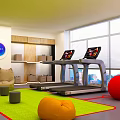 Modern Leisure Area With Treadmills Bean Bags Green Carpet And Red Exercise Ball