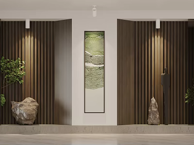Modern Elevator Hallway Interior Design With Wooden Panel Walls Decorative Painting Green Plants And Stone Ornaments 3d model