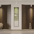 Modern Elevator Hallway Interior Design With Wooden Panel Walls Decorative Painting Green Plants And Stone Ornaments